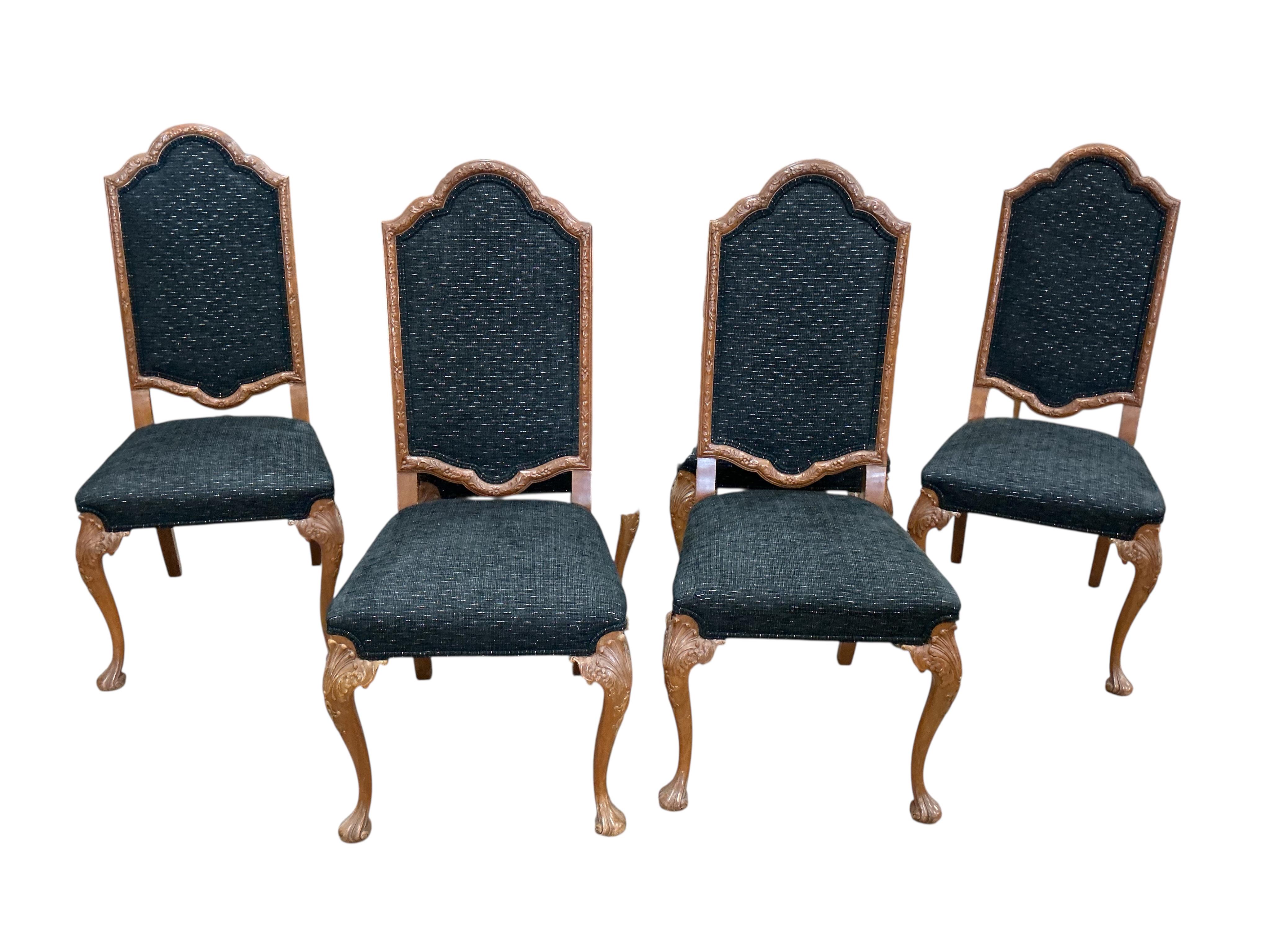 A Queen Anne Revival rectangular walnut dining table, width 210cm, depth 104cm, height 76cm together with six matching upholstered dining chairs